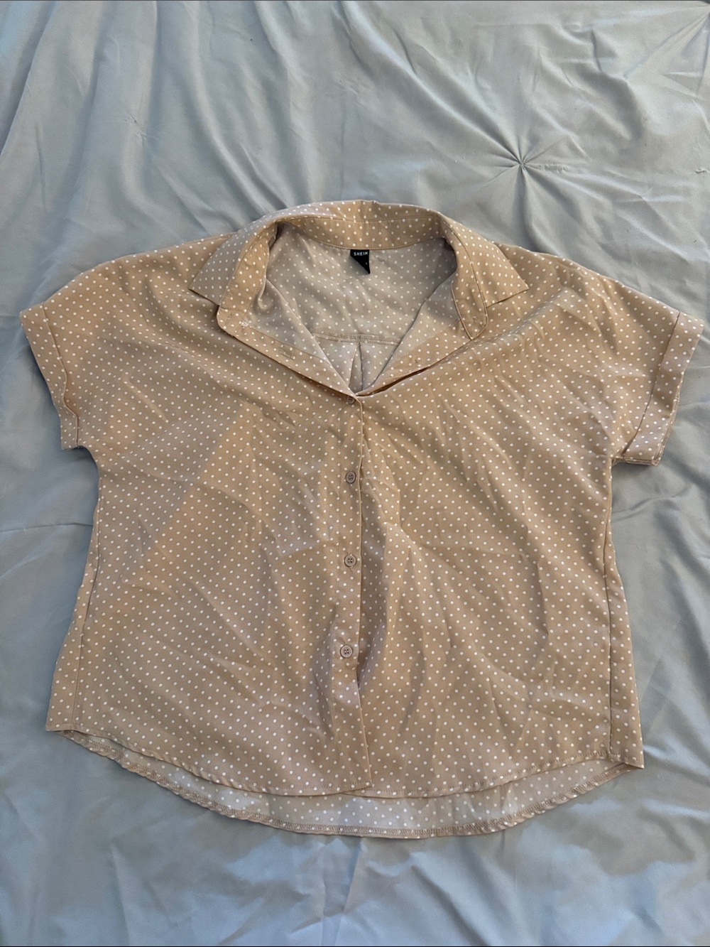 SHEIN Light Tan Polka Dot Short Sleeve Button-Down Top